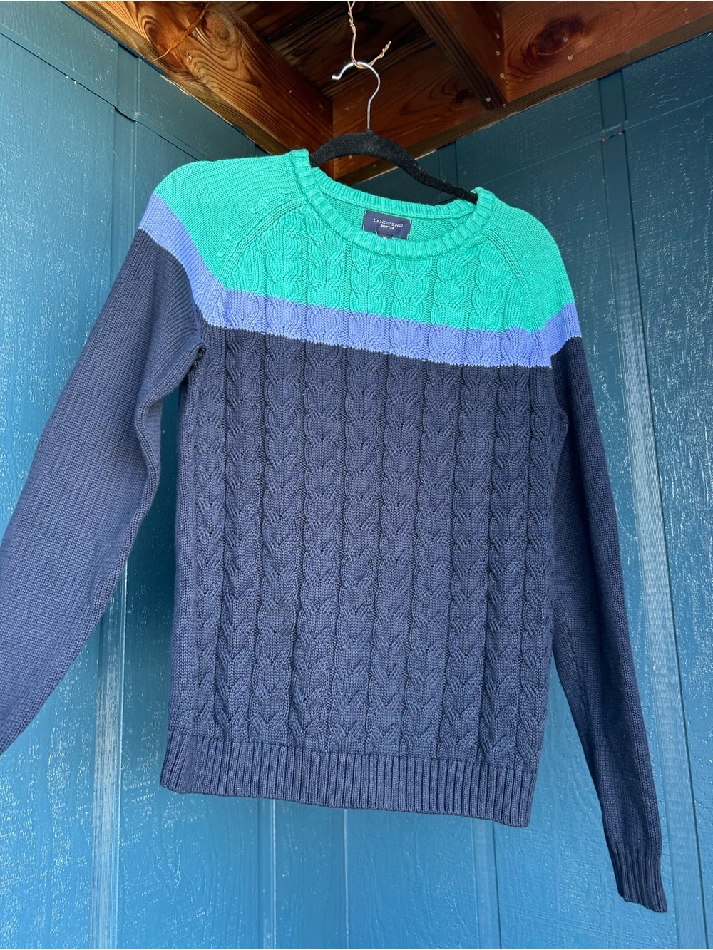 Lands’ End Drifter Cable Knit Colorblock Sweater Navy Teal Purple